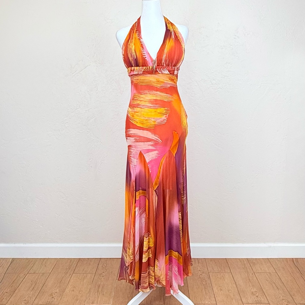 Vintage Diane Freis Silk Bias Cut Handkerchief Hem Pink Orange Maxi Dress 6